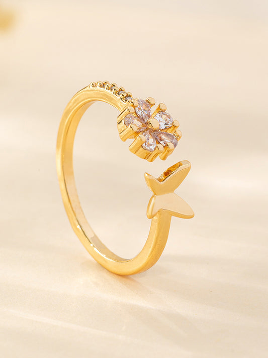 Ring, Korean Dongdaemun, Little Fresh Ring, Ladies' Open Finger Ring, Sweet Butterfly Set with Zircon Flower Handmade